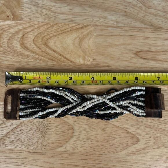 Multi Strand Seed Bead Bracelet, Vintage Wooden Hook Closure - Black, Oil Spill - Picture 6 of 9